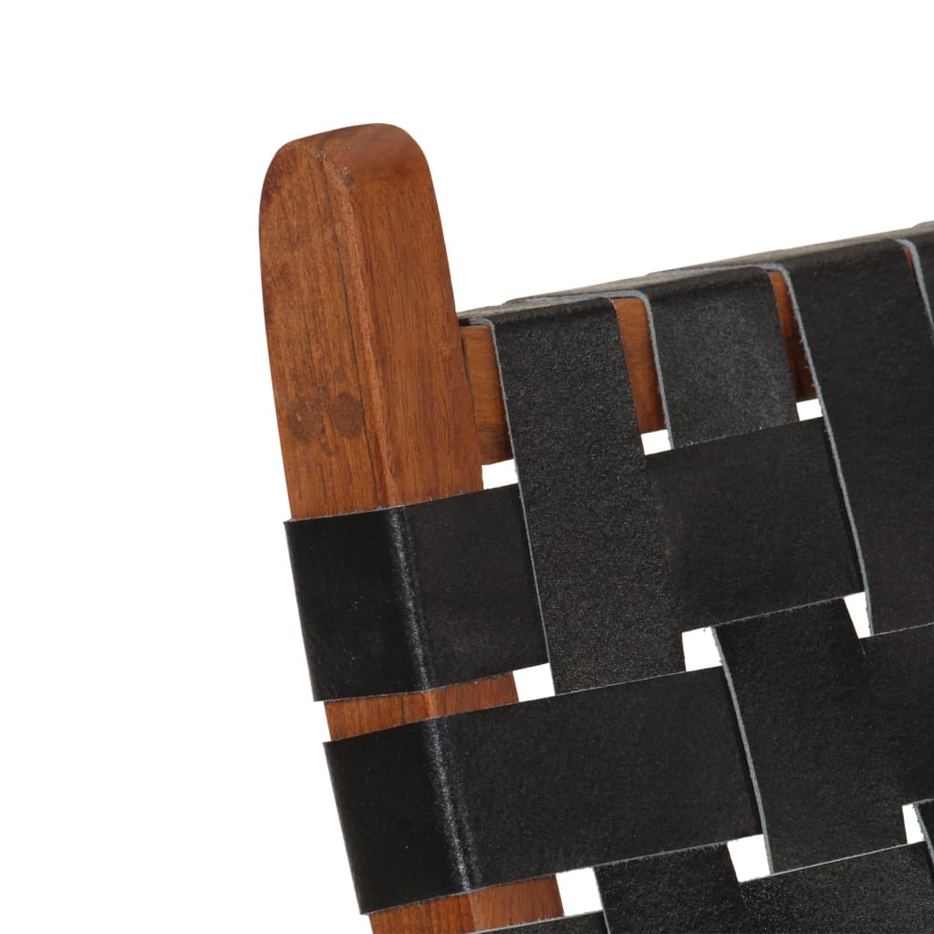 Folding Relaxing Chair Black Real Leather