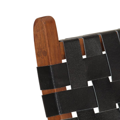 Folding Relaxing Chair Black Real Leather