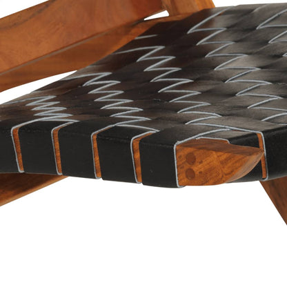 Folding Relaxing Chair Black Real Leather