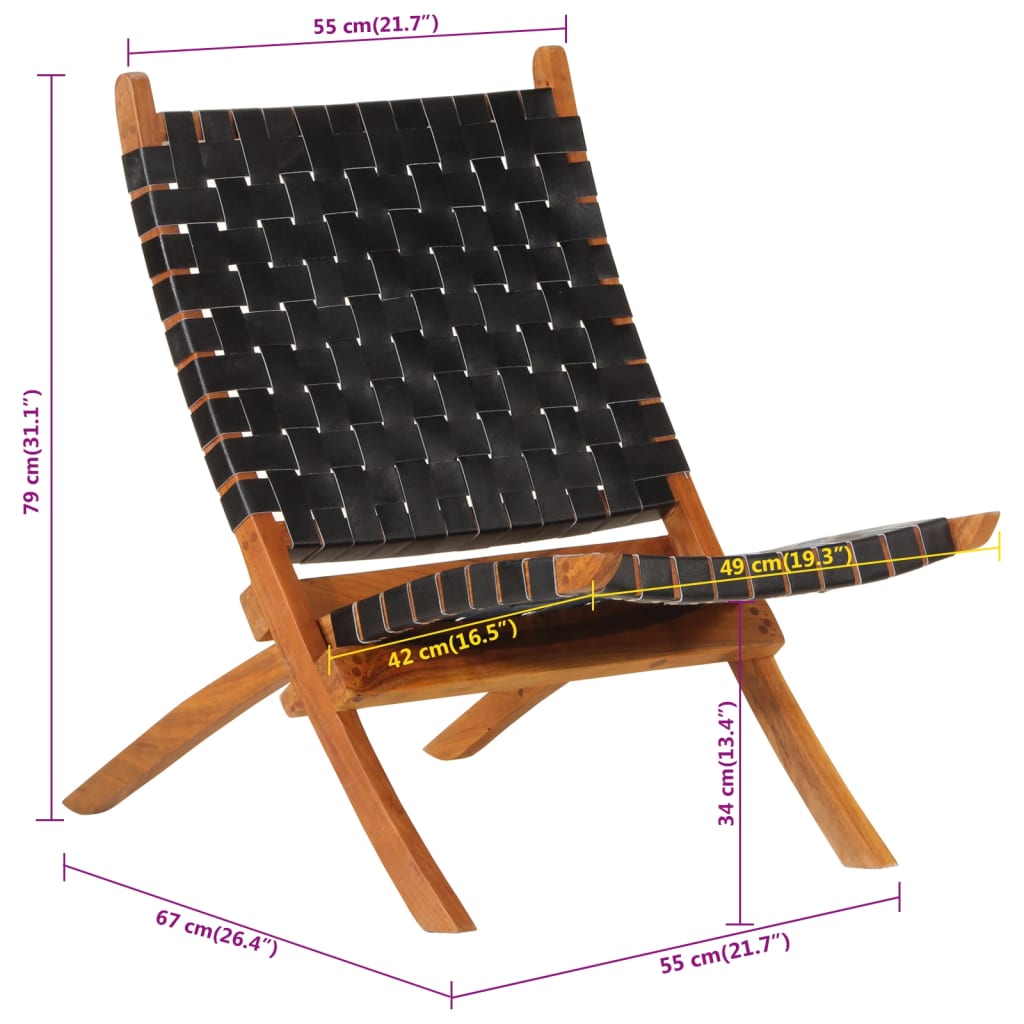 Folding Relaxing Chair Black Real Leather