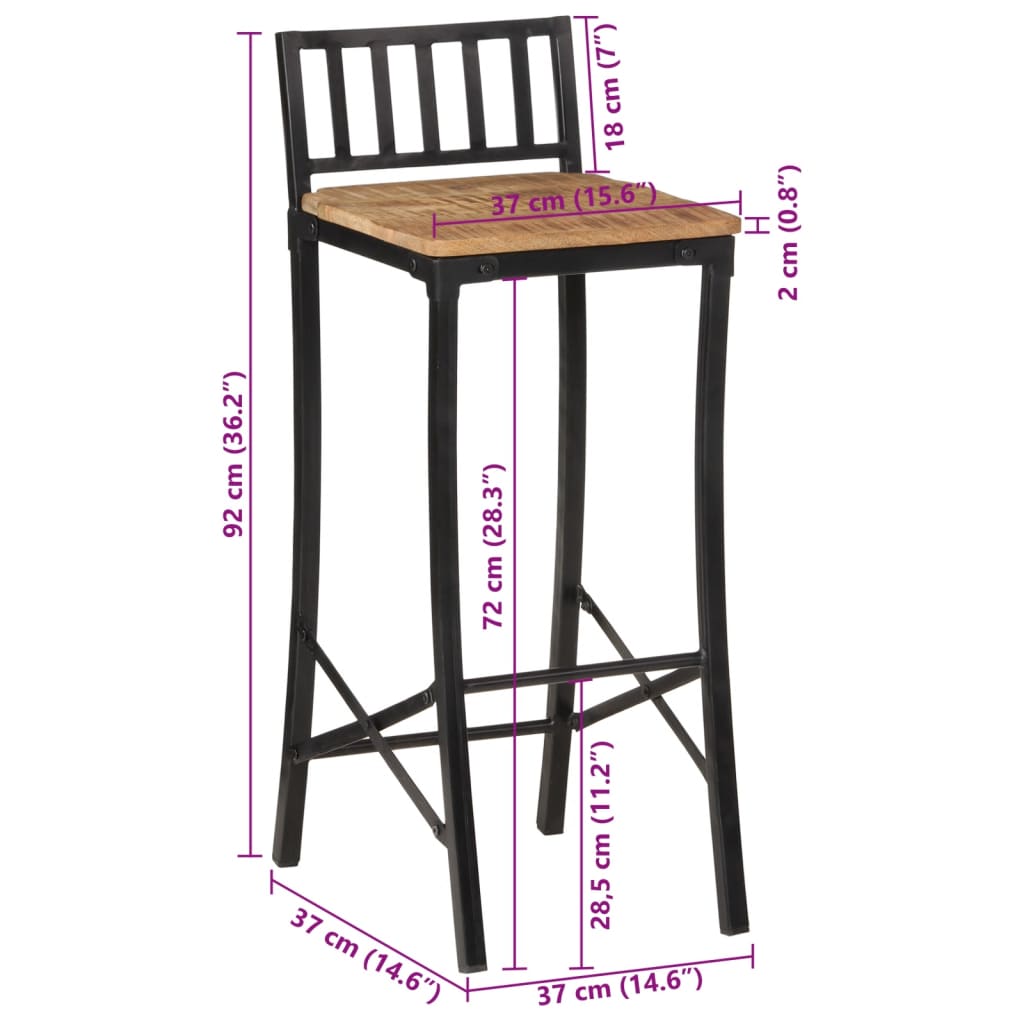 Bar Chair Set of 2 Natural Solid Mango Wood Tall Footrest