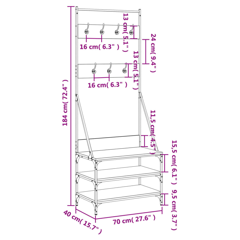 Clothes Rack Smoked Oak Engineered wood, Metal 27.6x15.7x72.4 in