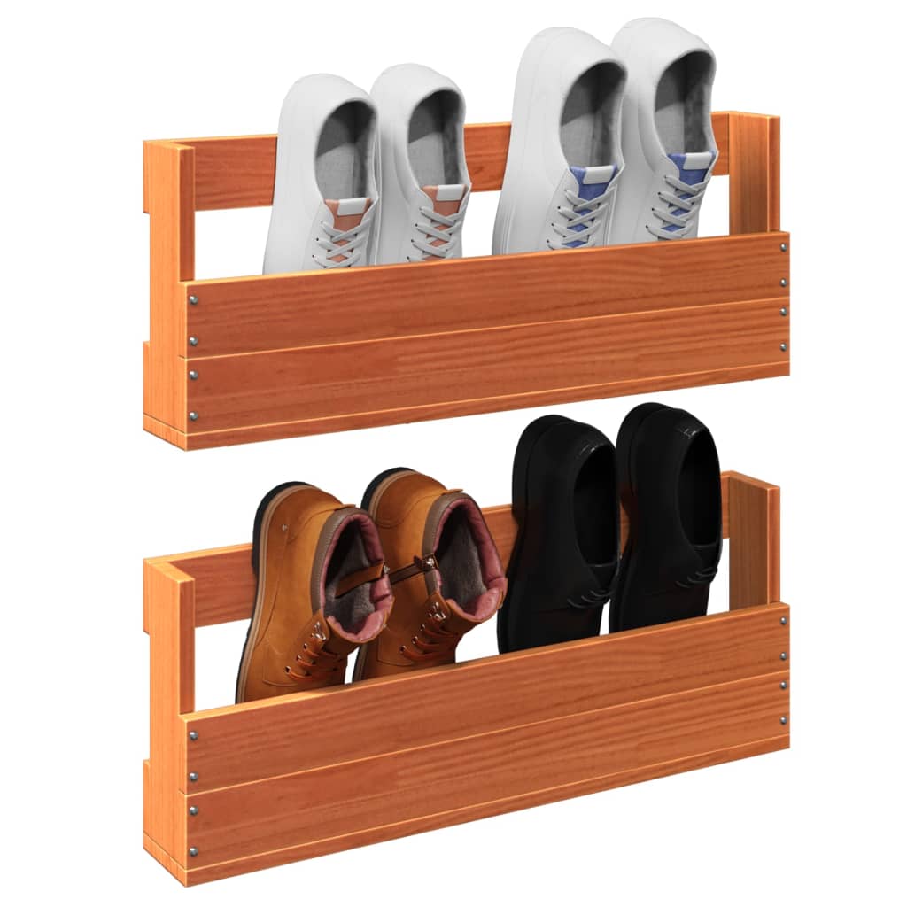 Wall-mounted Shoe Rack Set of 2 Wax brown Solid pine wood