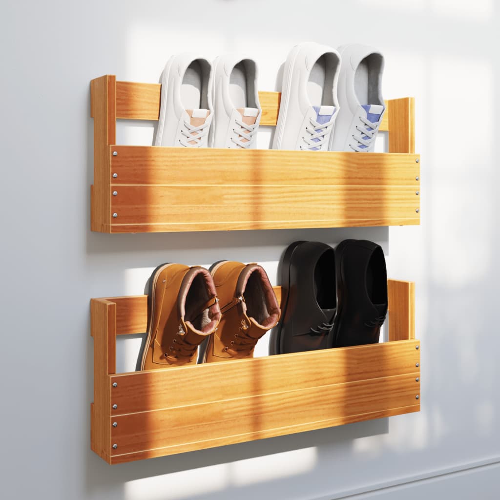 Wall-mounted Shoe Rack Set of 2 Wax brown Solid pine wood