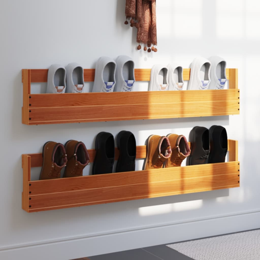 Wall-mounted Shoe Rack Set of 2 Wax Brown Solid pine wood Medium