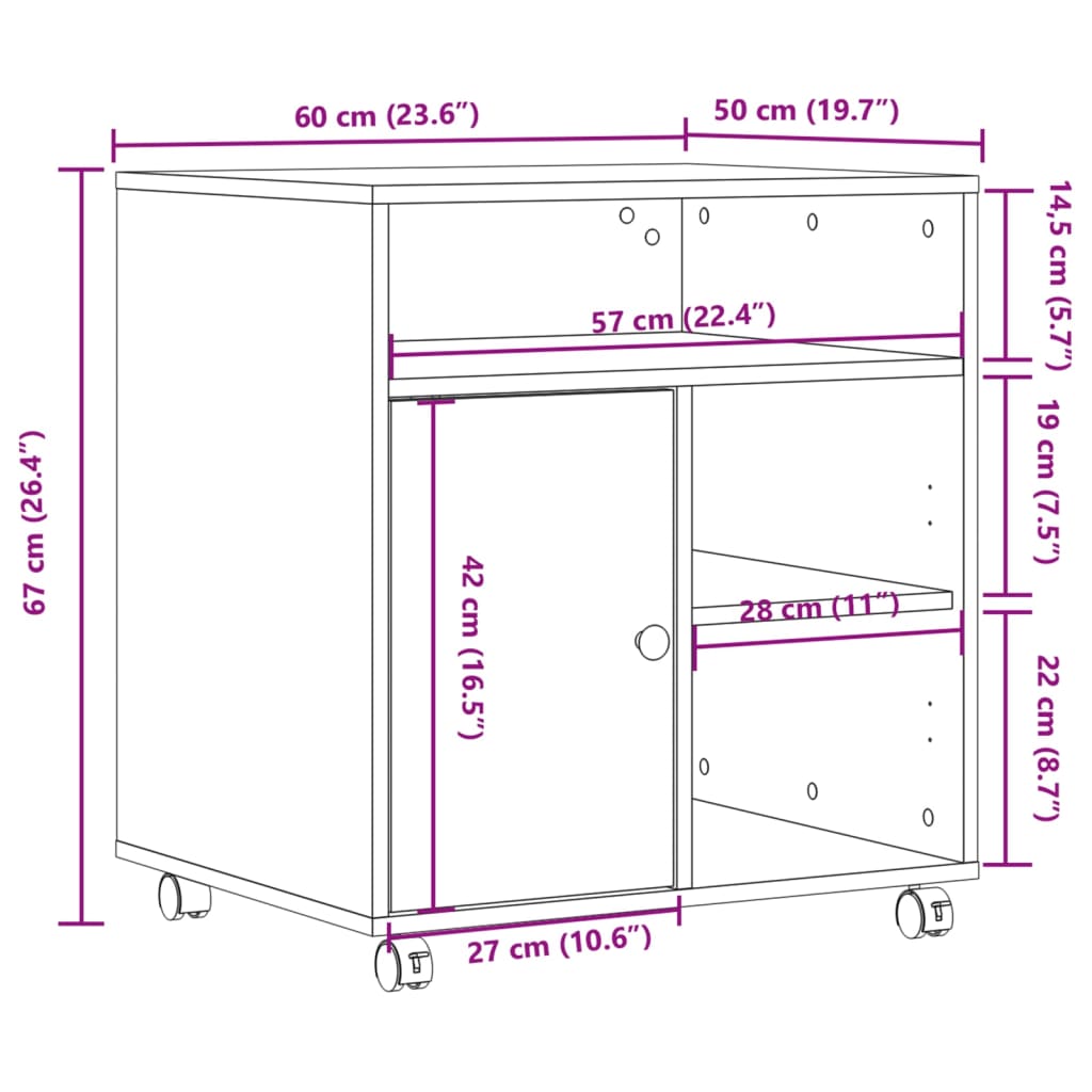 Printer Stand with Wheels Smoked Oak 23.6"x19.7"x26.4"