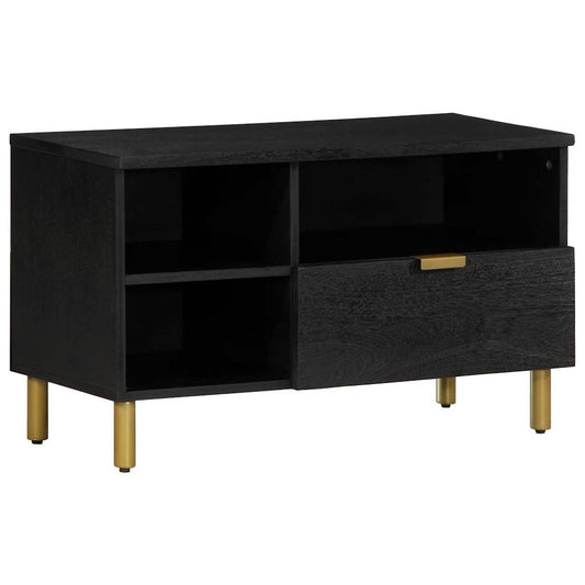 TV Cabinet Black Engineered wood, Solid Mango wood, Brass Small