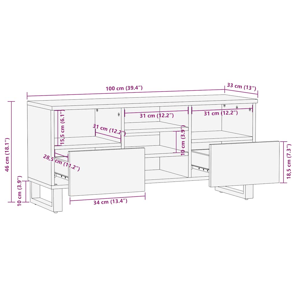 TV Cabinet Black Solid mango wood, metal Medium TV Cabinet