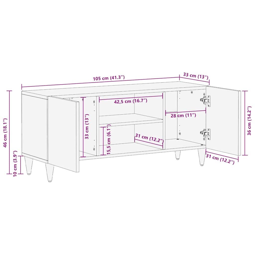 TV Cabinet with Shelf Brown 105 x 33.5 x 46 cm Solid Mango wood