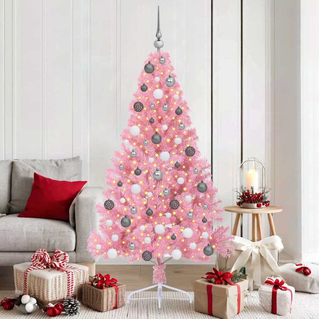 Artificial Pre-lit Christmas Tree with 300 LEDs Pink 70.9" PVC