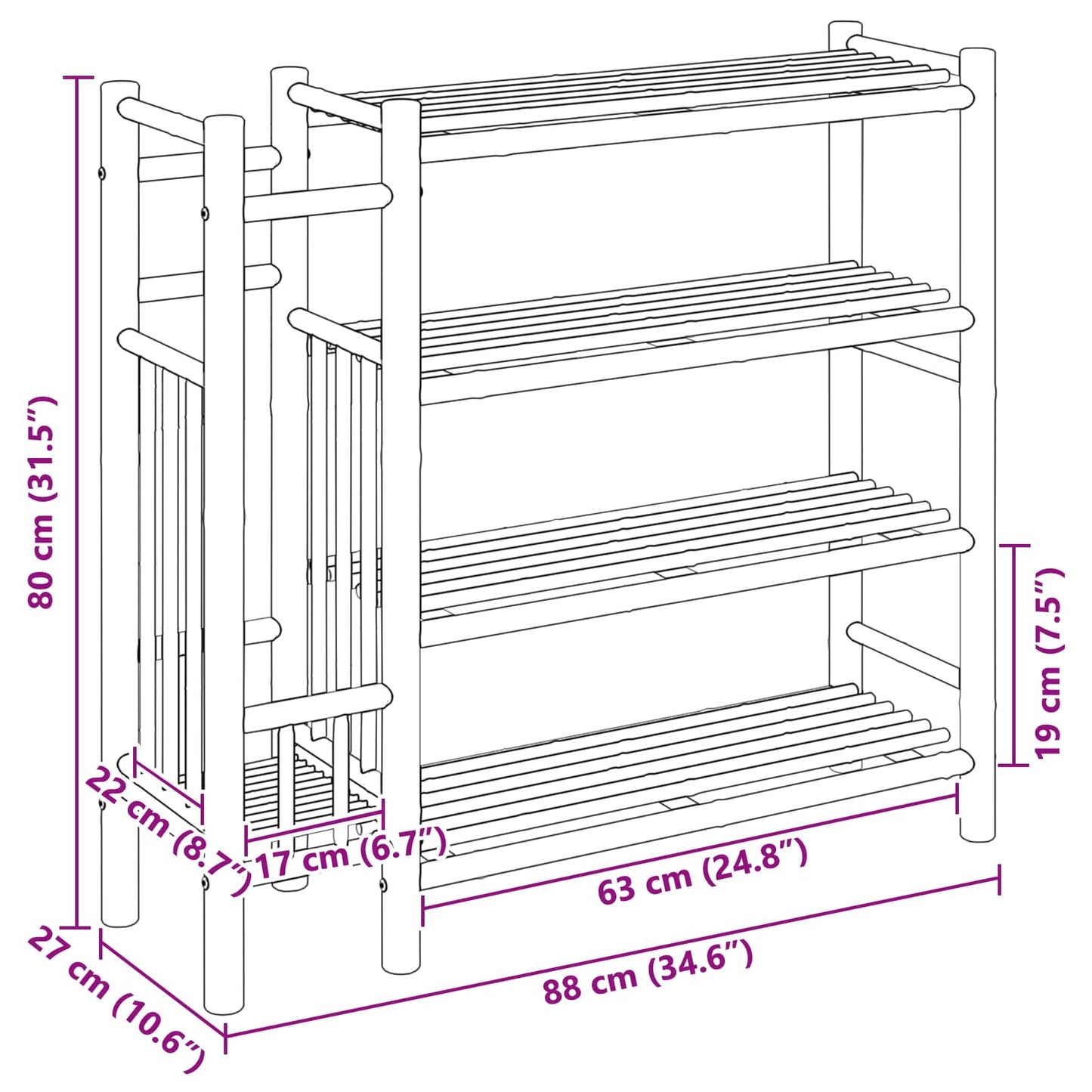Shoe Rack with Shelf Natural 34.65 x 10.63 x 31.50 in Bamboo